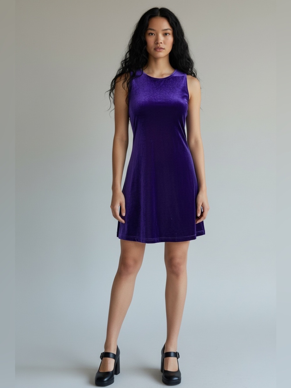 Vintage 90s Royal PURPLE Stretch VELVET Sleeveless Tank Skater Mini Dress / M L
